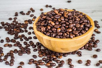 coffee beans in a wooden plate