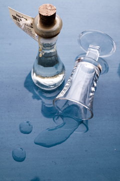 Organic prune Schnapps with spilled shot glass on reflective bac