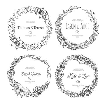 Vector vintage wreaths. Collection of trendy cute floral frames.