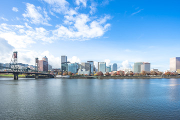 tranquil water with cityscape and skyline of portland
