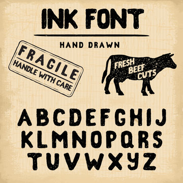 Hand Made Ink stamp font. Handwritten alphabet. Vintage retro textured hand drawn typeface with grunge effect, good for custom logo or emblrm. Vector illustration. on retro paper background