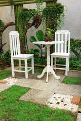 White Desk and chair in the garden