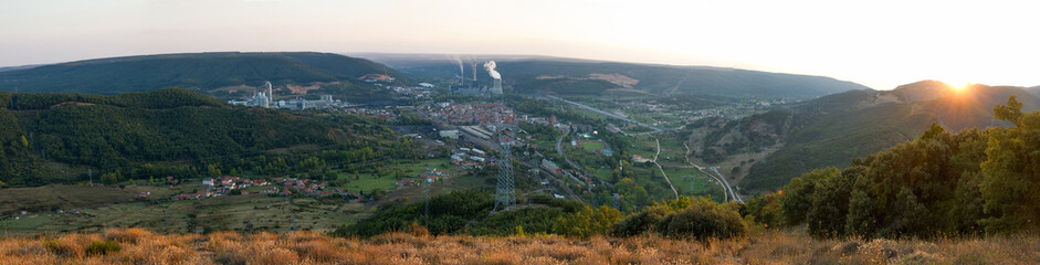 Panoramic Viewof  at sunset Industrial City of La Robla in Leon, Spain. Chimneys of power plant...