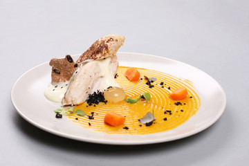 chicken breast with vegetables on a white plate.