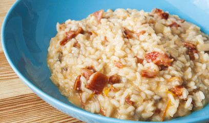 Delicious italian creamy risotto: dried tomatoes and mushrooms with cheese