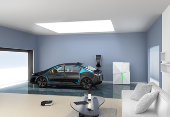 Blue electric car park into modern garage. The garage connect with living room  which show a new lifestyle with electric car.