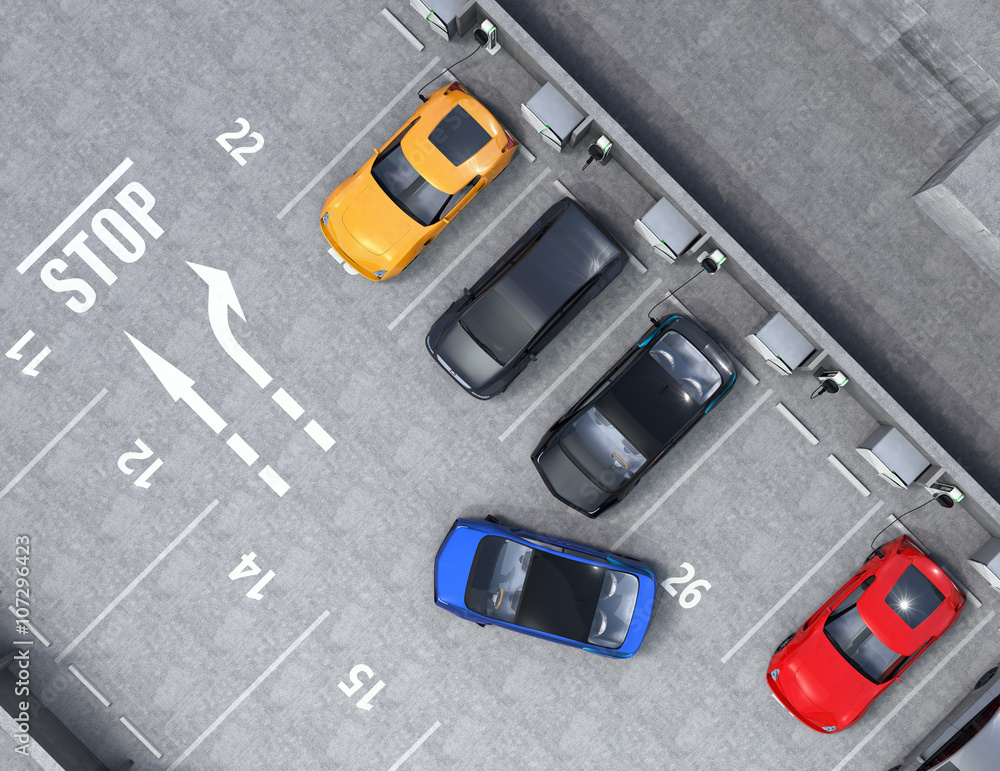 Poster aerial view of parking lot. half of parking lot available for ev charging service. 3d rendering imag