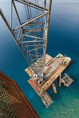 Aqaba, Jordan, 10/10/2015, Metal and concrete Jetty foundation construction at the Aqaba new port photographed from above
