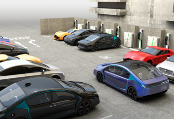 Blue electric car looking for charge point in parking lot. 3D rendering image in original design.