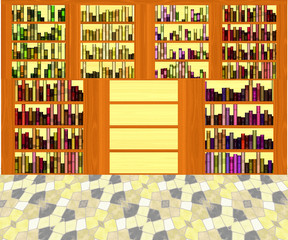 Interior of library with book shelves and mosaic floor