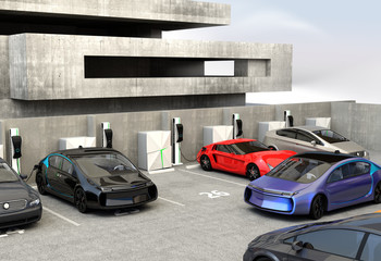 Fototapeta na wymiar Blue electric car looking for charge point in parking lot. 3D rendering image in original design.