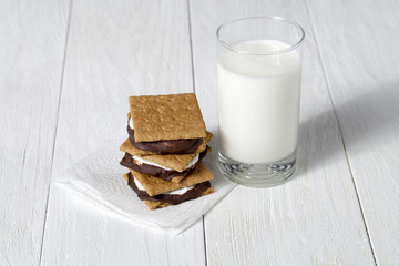 smores sandwich with glass of milk on the table