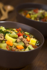 Vegetable soup with mincemeat, green bean, potato, leek, carrot, tomato and parsley served in brown bowls (Selective Focus, Focus in the middle of the soup)