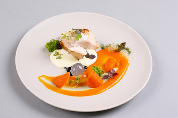chicken breast with vegetables on a white plate.