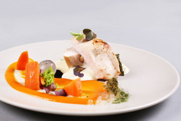 chicken breast with vegetables on a white plate.