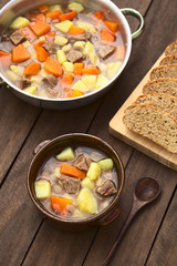 Traditional Hungarian soup called Gulyasleves made of beef, potato, carrot, onion, csipetke (homemade pasta) (Selective Focus, Focus on the lower half of the soup in the bowl)