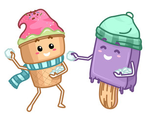 Mascots Ice Cream Popsicle Snow Balls Play Together
