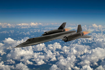 Fototapeta na wymiar SR-71 'Blackbird' supersonic spy plane from 20th century. It was an advanced, long-range, Mach 3+ strategic reconnaissance aircraft from the USA. (Artists Impression/recreation photo)