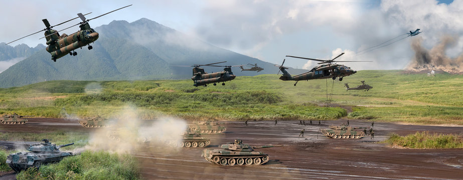 Modern military battle scene with tanks, helicopters and infantr