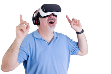 Excited man wearing virtual reality glasses