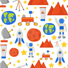 Naklejka premium Seamless background with cute cartoon objects on Flight to Mars theme. Astronaut, Mars mountain, cosmic food, rover, planets Earth and Mars. Colonization project concept. Human adventure to red planet