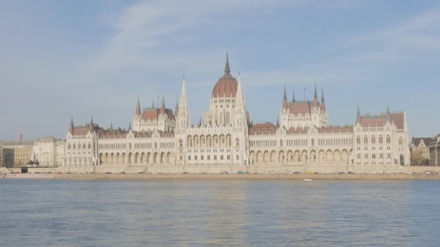 River Danube banks and parliament building located in Hungarian capital Budapest 4K 3840X2160 UltraHD - Slow tilt on beautiful national parliament of Hungary 4K 2160p UHD video 