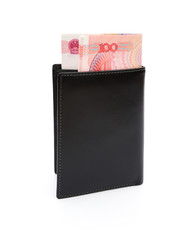 wallet with RMB 100 paper currency on white with clipping path