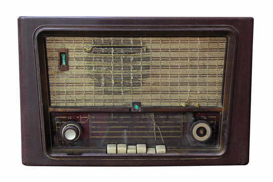 Grungy retro wooden radio on  isolated white background