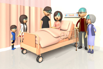 入院している女性とお見舞いする家族