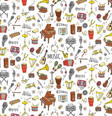 Seamless background hand drawn doodle Music set Vector illustration musical instrument, symbols icons collections Cartoon sound elements Piano Guitar Violin Trumpet Drum Gramophone Saxophone Harp