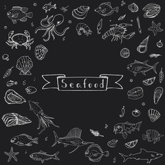 Hand drawn doodle Seafood icons set Vector illustration seafood symbols collection Cartoon fish Crab Seafood platter Lobster Oyster Shrimp Shellfish Shrimp on white background for your menu or design