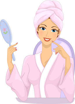 woman in pink robe looking in mirror clip art preview