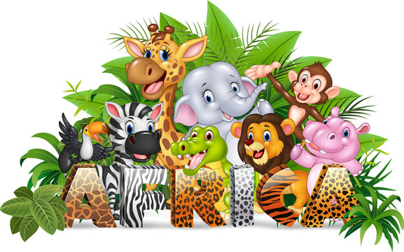 Word Africa with funny cartoon wild animal

