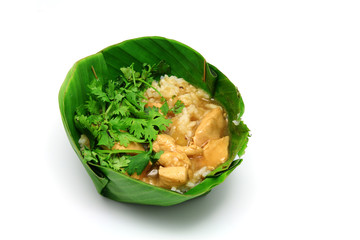 Chicken Rice have coriander on Banana leaf