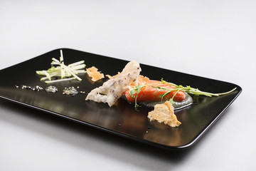 Smoked salmon and sauce cooked by molecular gastronomy technic