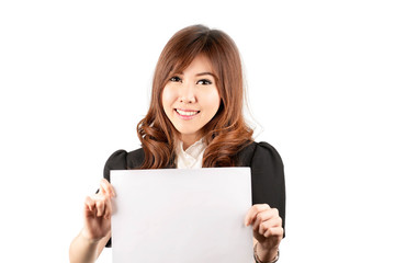 Fototapeta premium young attractive asian woman holding blank white board