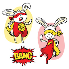 Superhero. Bunny. Dialog Box - Bang! Vector isolated object on white background.