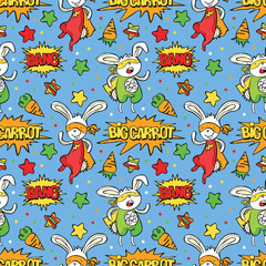 Obraz premium Superhero. Bunny. Carrot. Asterisk. Dialog cloud - Bang! Big carrot! Vector seamless pattern (background). Color bright picture.