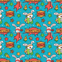 Superhero. Bunny. Carrot. Asterisk. Dialog cloud - Bang! Big carrot! Vector seamless pattern (background). Color bright picture.