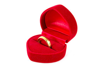 Gold ring in red velvet silk box  with heart shape style using f