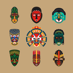 Ethnic mask icons or inca flat masks. Tribal ethnic masks vector illustration