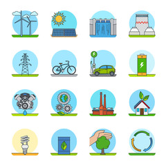 Green energy color line icons. Green power types or green technologies line icons vector