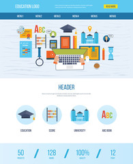 One page web design template with icons of education. 