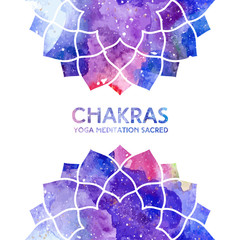 Vector background. Watercolor sahasrara chakra on white background, colorful elements, bright texture. Perfect for yoga, spa, meditation practice, ayurveda invitations, greetings - obrazy, fototapety, plakaty