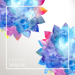 Watercolor blue abstract flowers and white frame and place for text. Fairytale festive background in vector