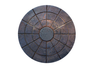 Rusty circle iron manhole cover isolated on white background