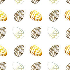 Seamless pattern with golden, blue and black pearly Easter eggs on white background
