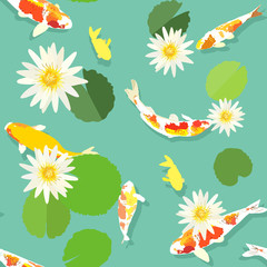koi fish and white lotus pattern, seamless background, vector