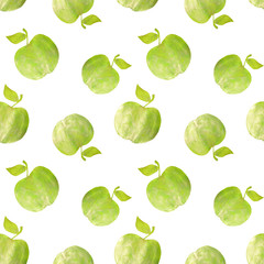 Seamless pattern with green hand-drawn apples on white background