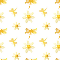 Hand-drawn with paints pearly chamomile and gold dragonflies on white background, seamless pattern